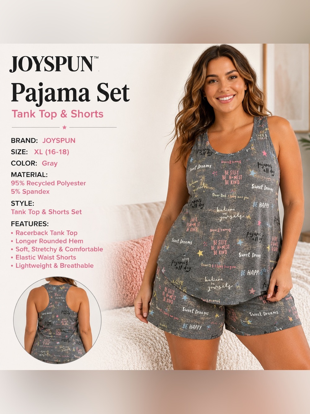 Joyspun XL Gray Pajama Set Stars & Word Print Tank Shorts Sleepwear